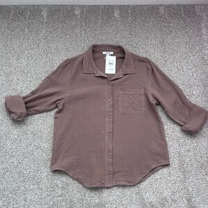 Splendid Cotton Button Down Shirt Lightweight Relaxed Fit Neutral Brown
